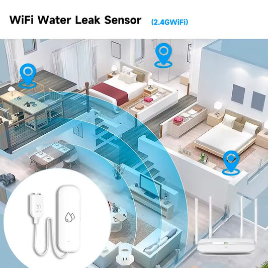Cutaway of a home showing sensors placed in kitchen, bathroom and bedroom connected to a Wi-Fi router