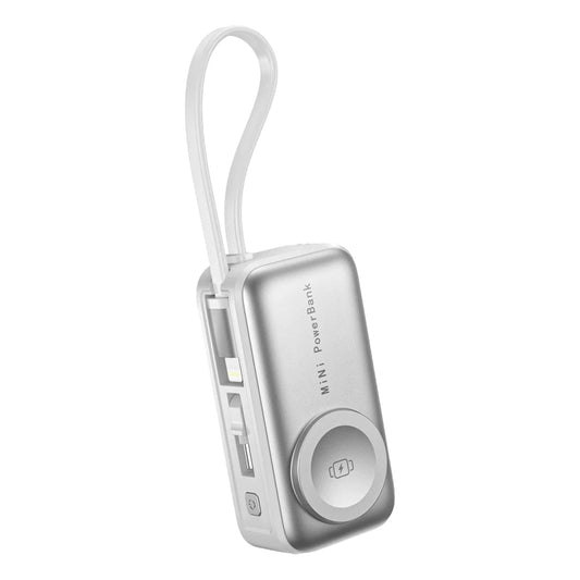 Silver mini magnetic power bank with white built-in cable loop and round wireless charging pad