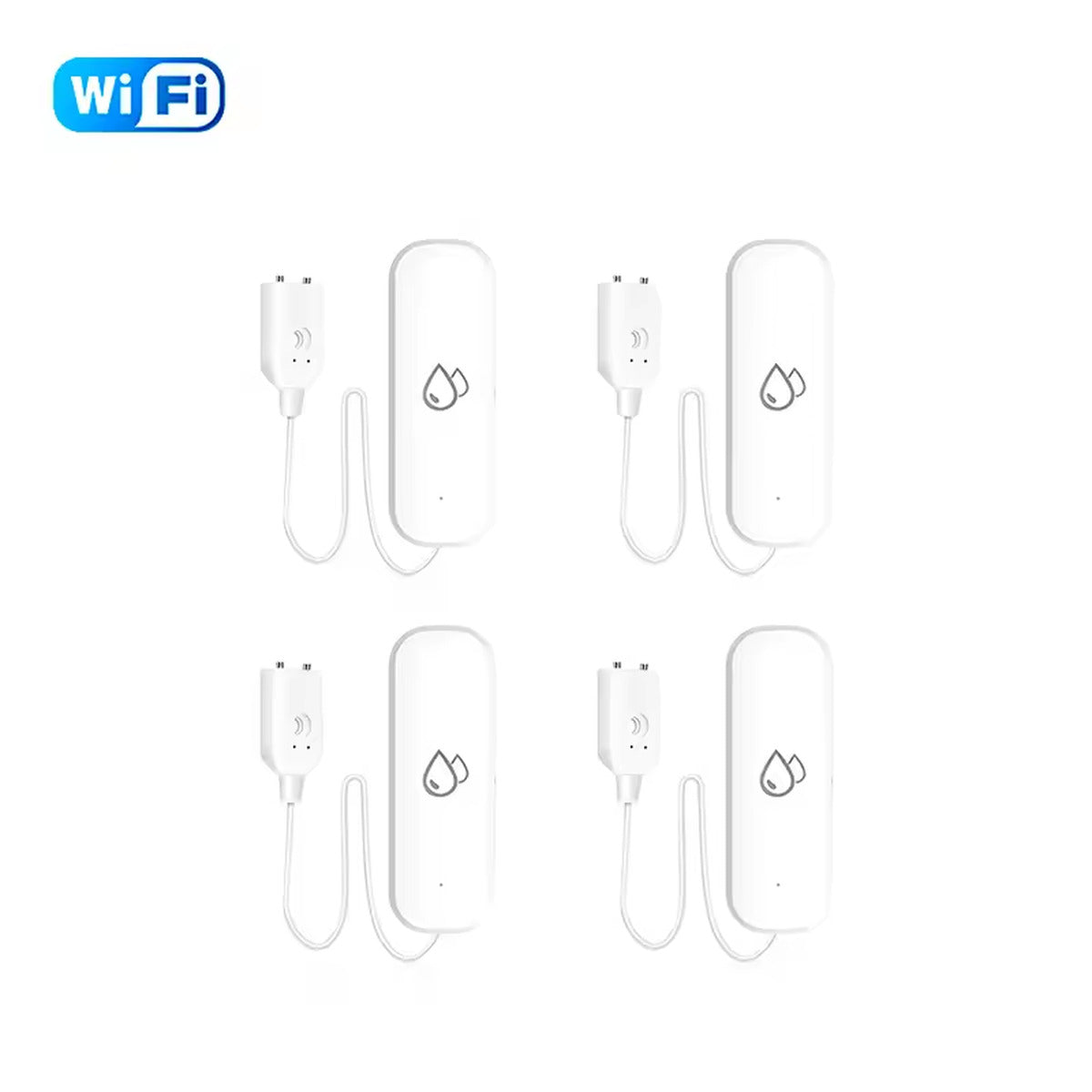 Four Wi-Fi water leak sensors with probe leads, white background