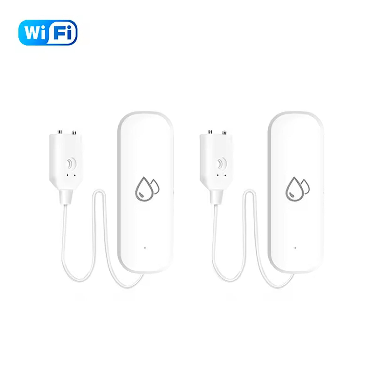 Two Wi-Fi water leak sensors with probe leads, white background