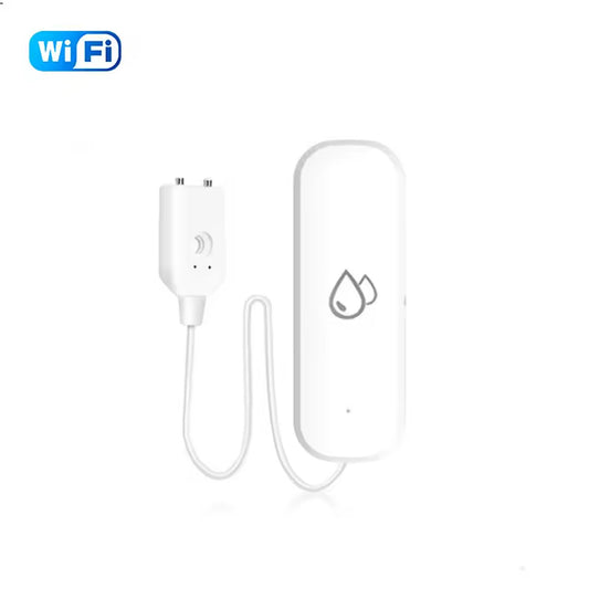 Single Wi-Fi water leak sensor with probe lead, white background