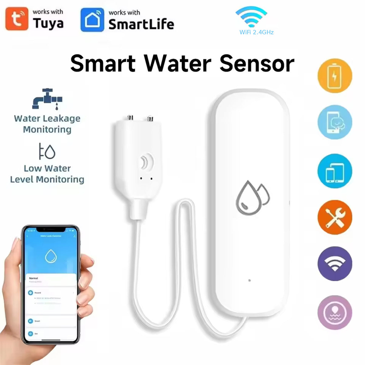 Smart water sensor works with Tuya and SmartLife apps over 2.4GHz Wi-Fi