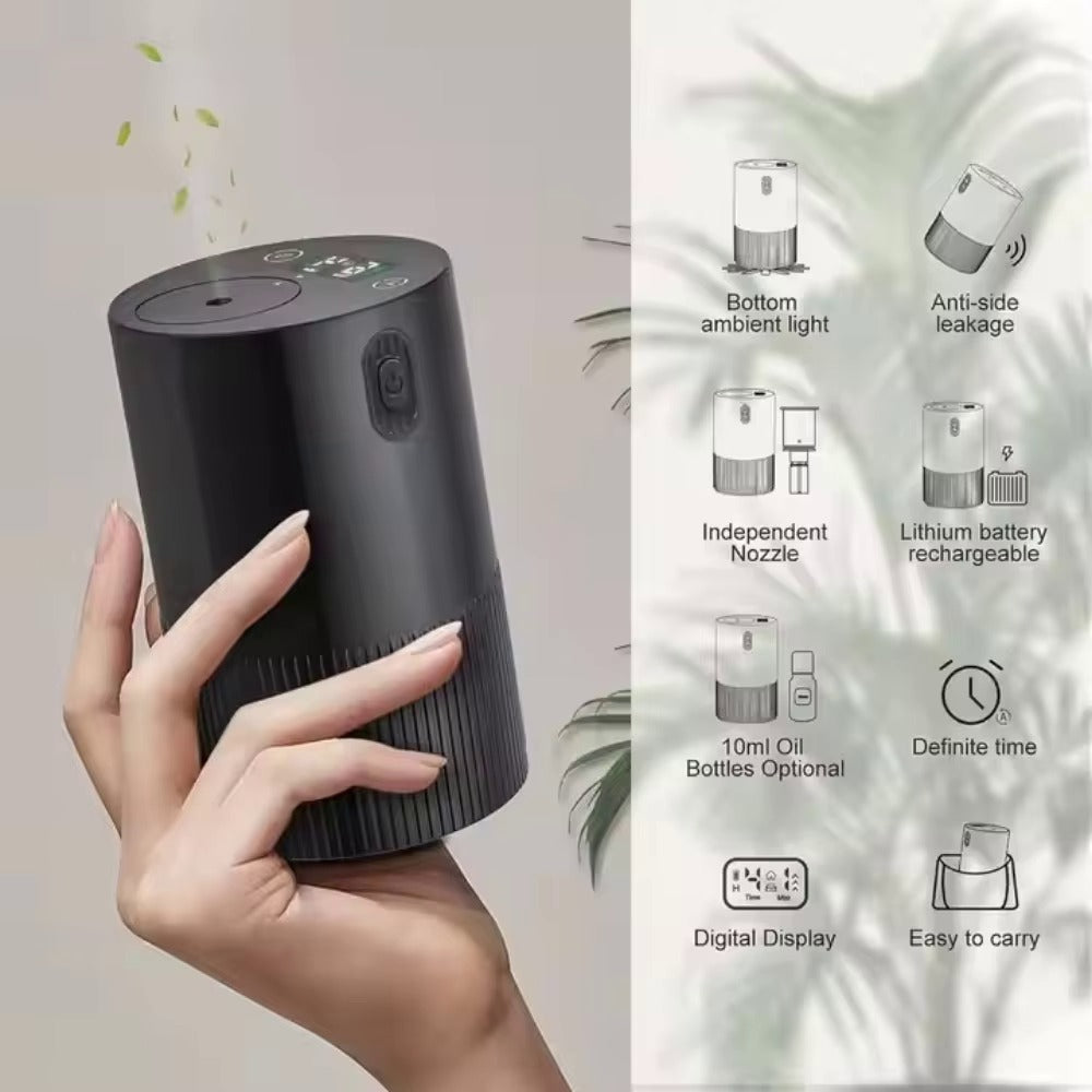 Diffuser features: bottom ambient light, anti-side leakage, independent nozzle, rechargeable lithium battery, 10ml bottle, timer, digital display