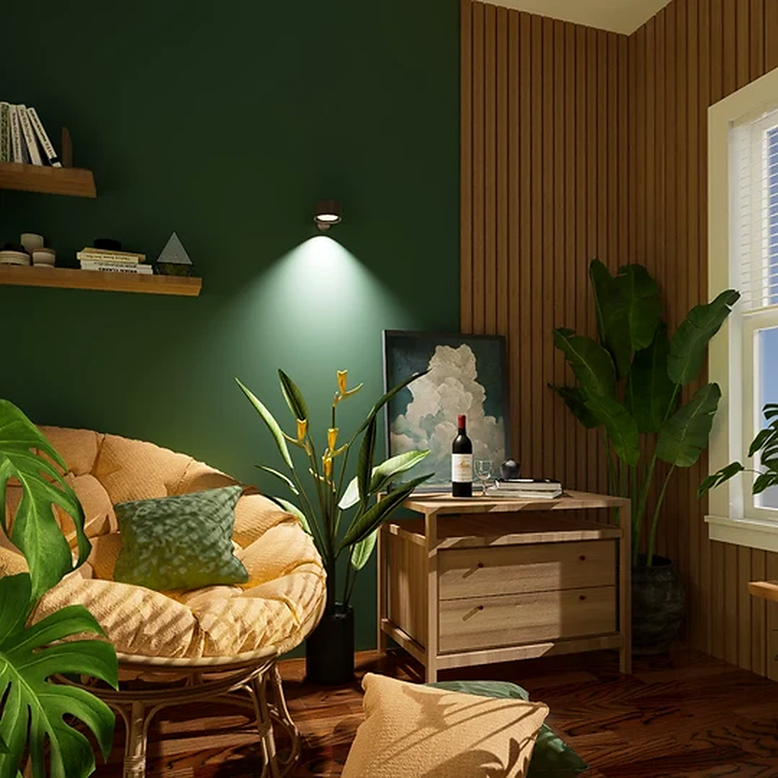 Magnetic wall sconce in a green reading corner with armchair and plants
