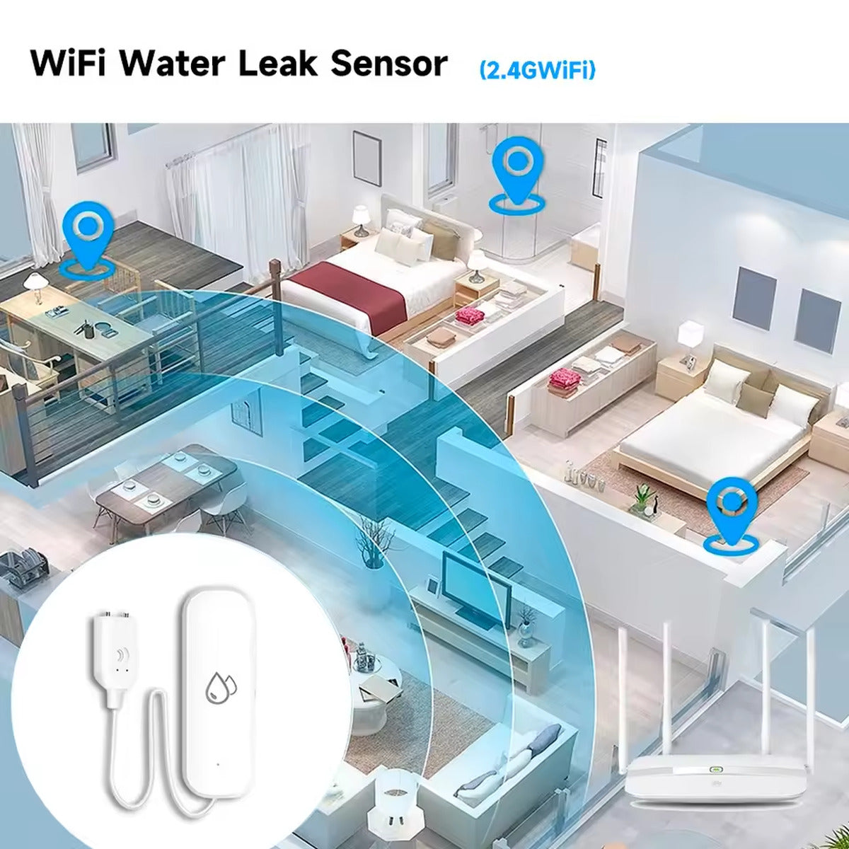 Cutaway of a home showing sensors placed in kitchen, bathroom and bedroom connected to a Wi-Fi router