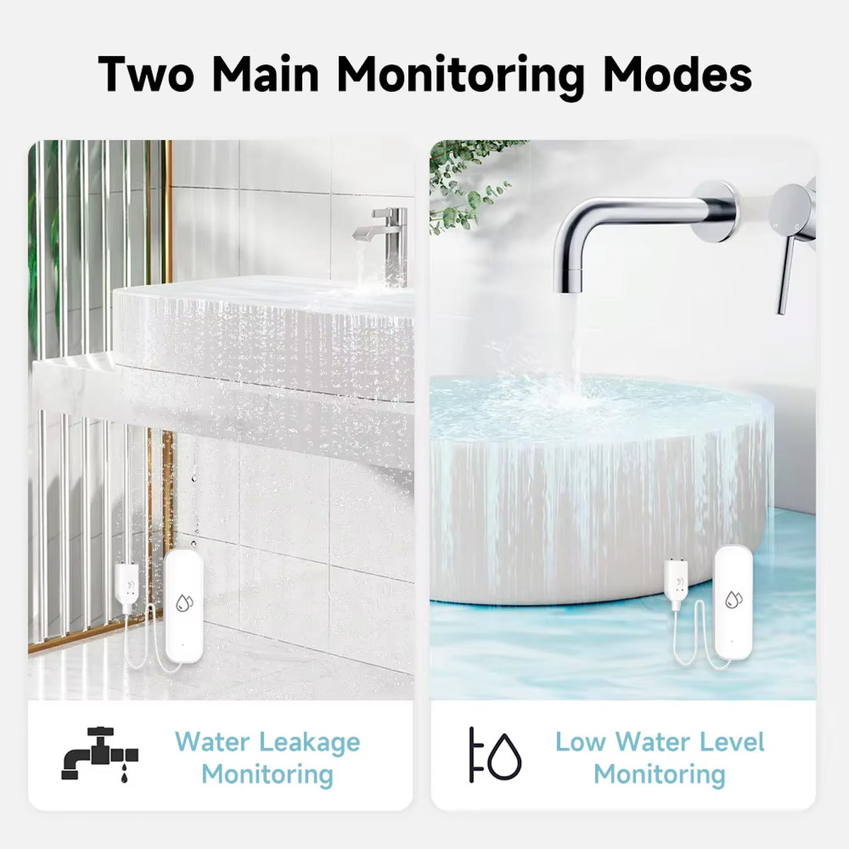 Two monitoring modes: water leakage detection and low water level detection