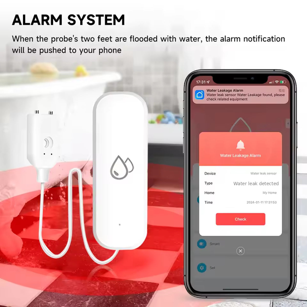 Water leakage alarm pushed to a phone when the probe contacts water
