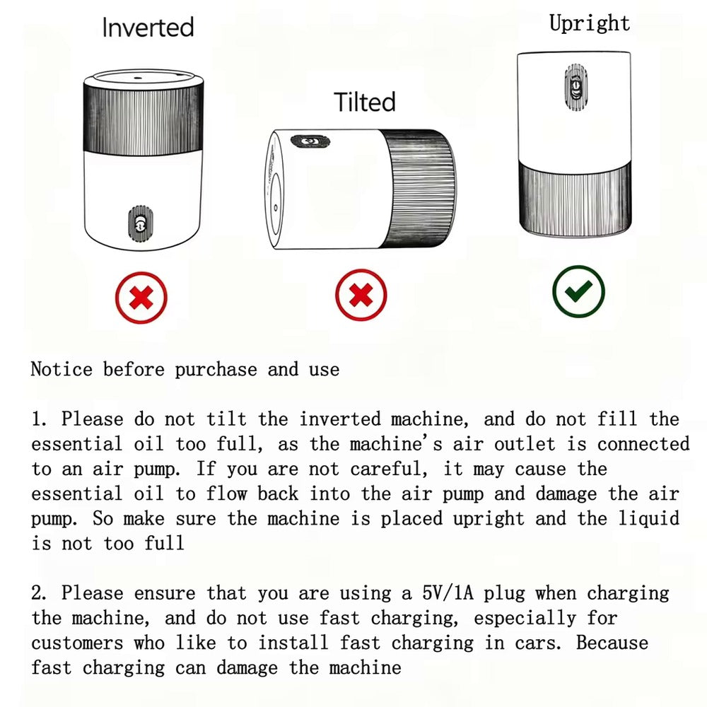 Safety notice: keep the diffuser upright, do not overfill, charge at 5V 1A only