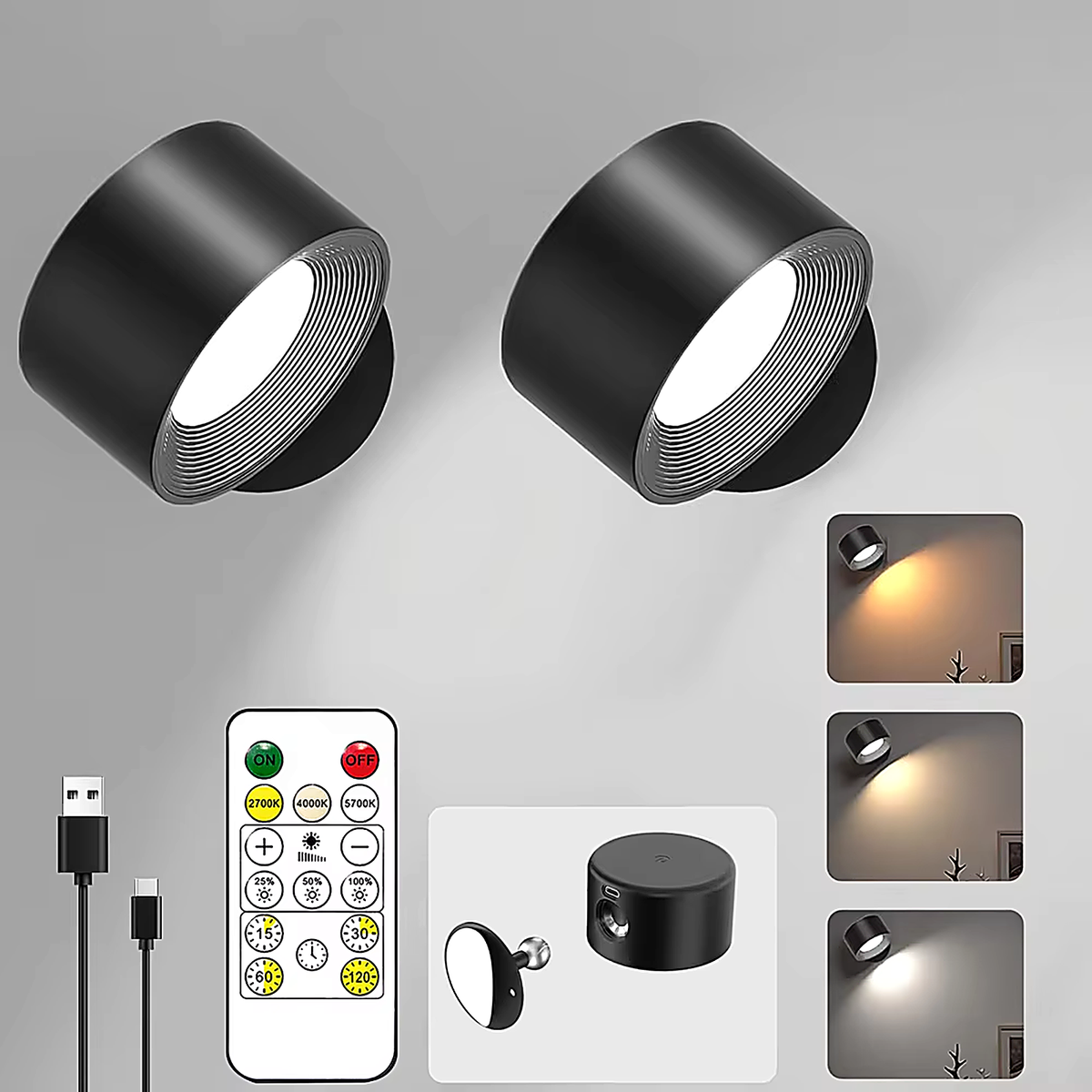 What is included: two wall sconces, remote, USB cable and magnetic mounting base