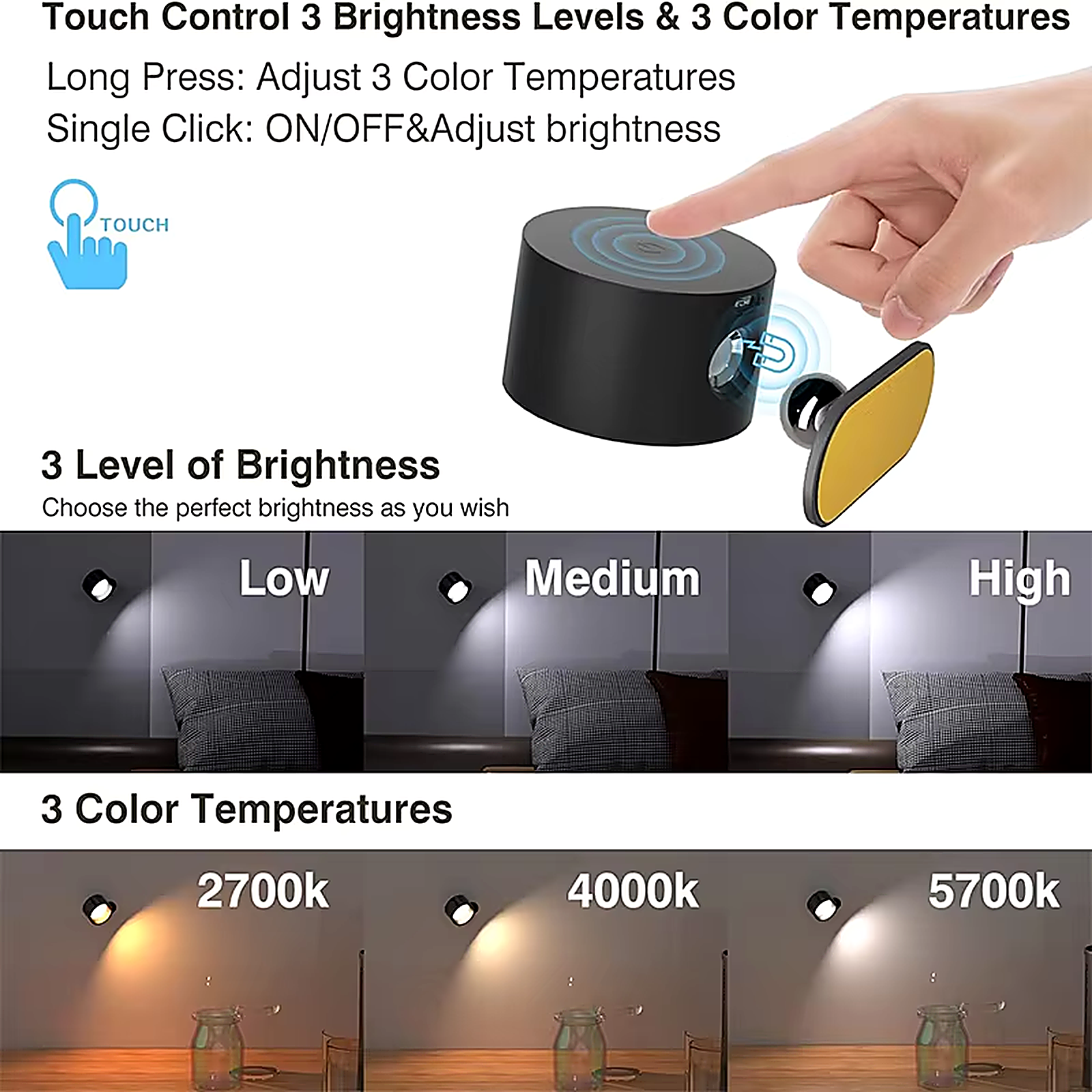 Touch control with three brightness levels and three color temperatures