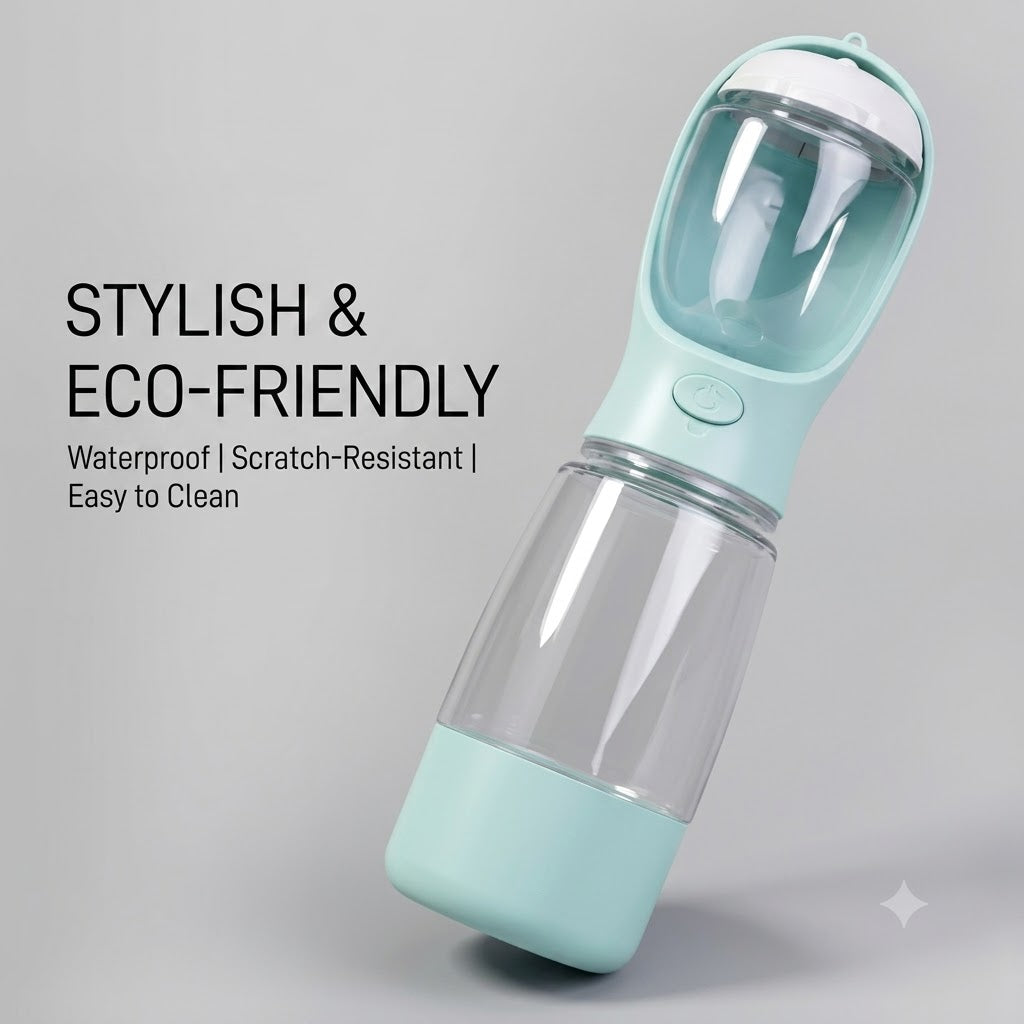 Mint pet travel water bottle at an angle showing the waterproof, scratch-resistant, easy-clean finish