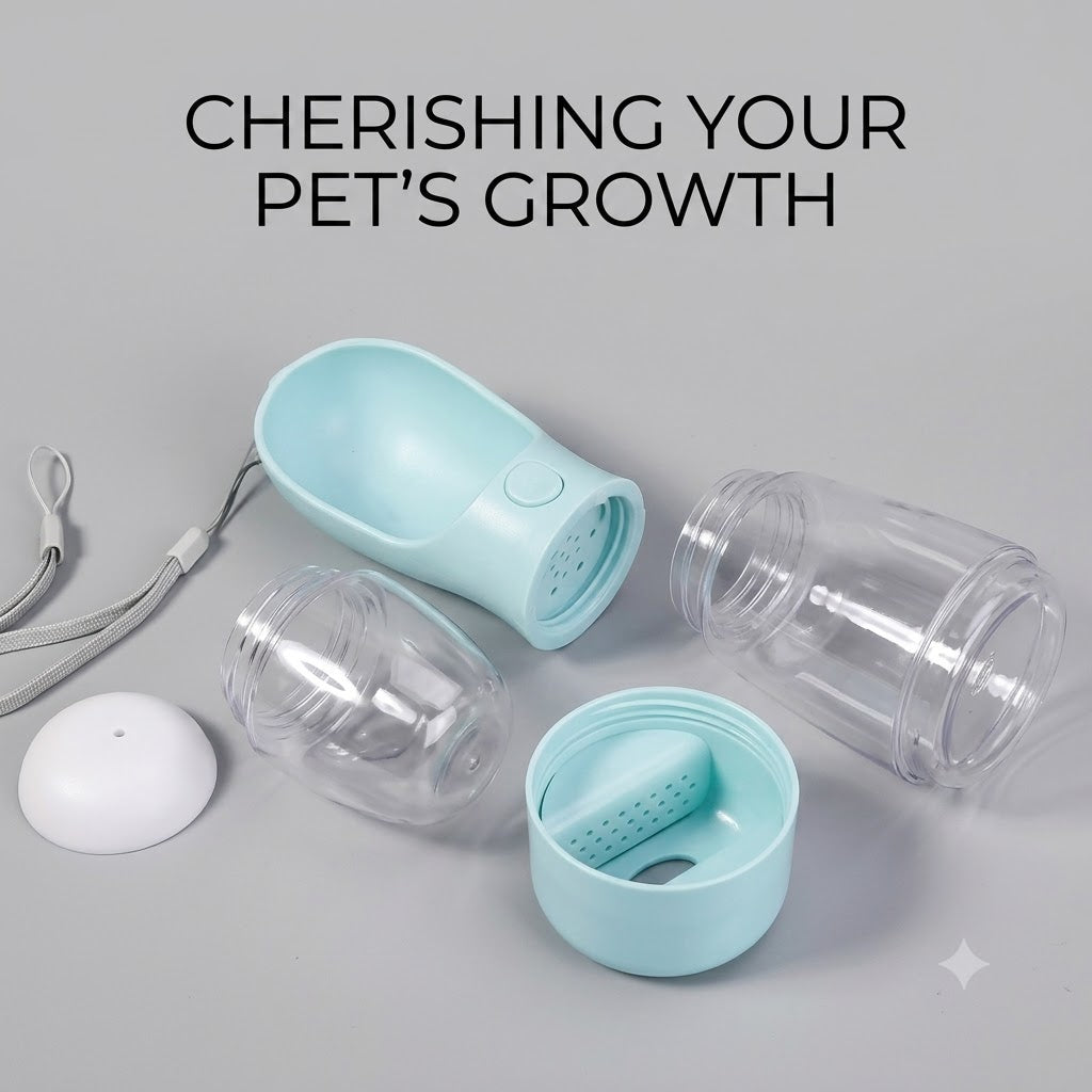 Dog travel bottle taken apart into water chamber, food chamber, fold-out drinking cup and base