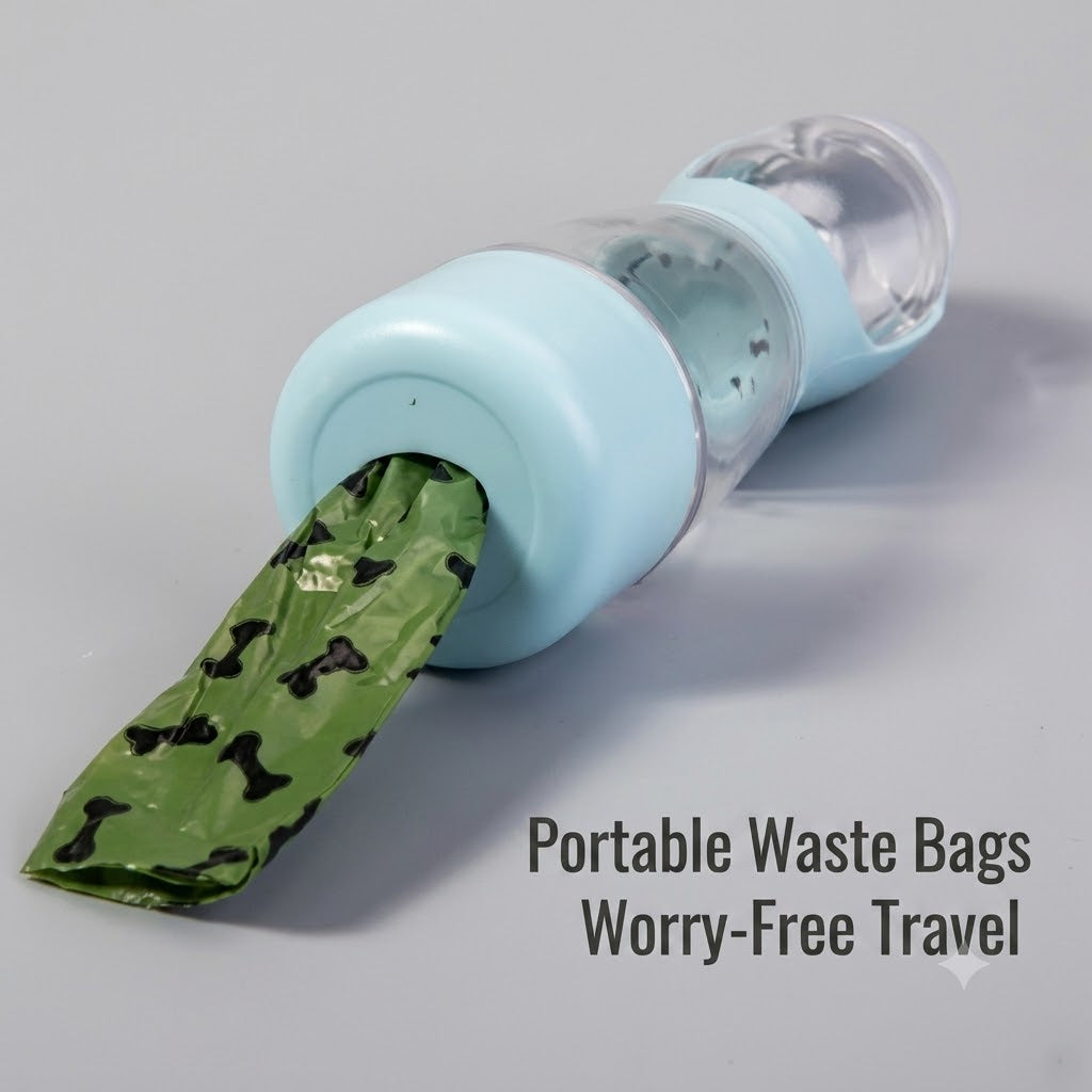 Waste bag dispenser in the base of the pet travel bottle with a roll of green poop bags pulled out