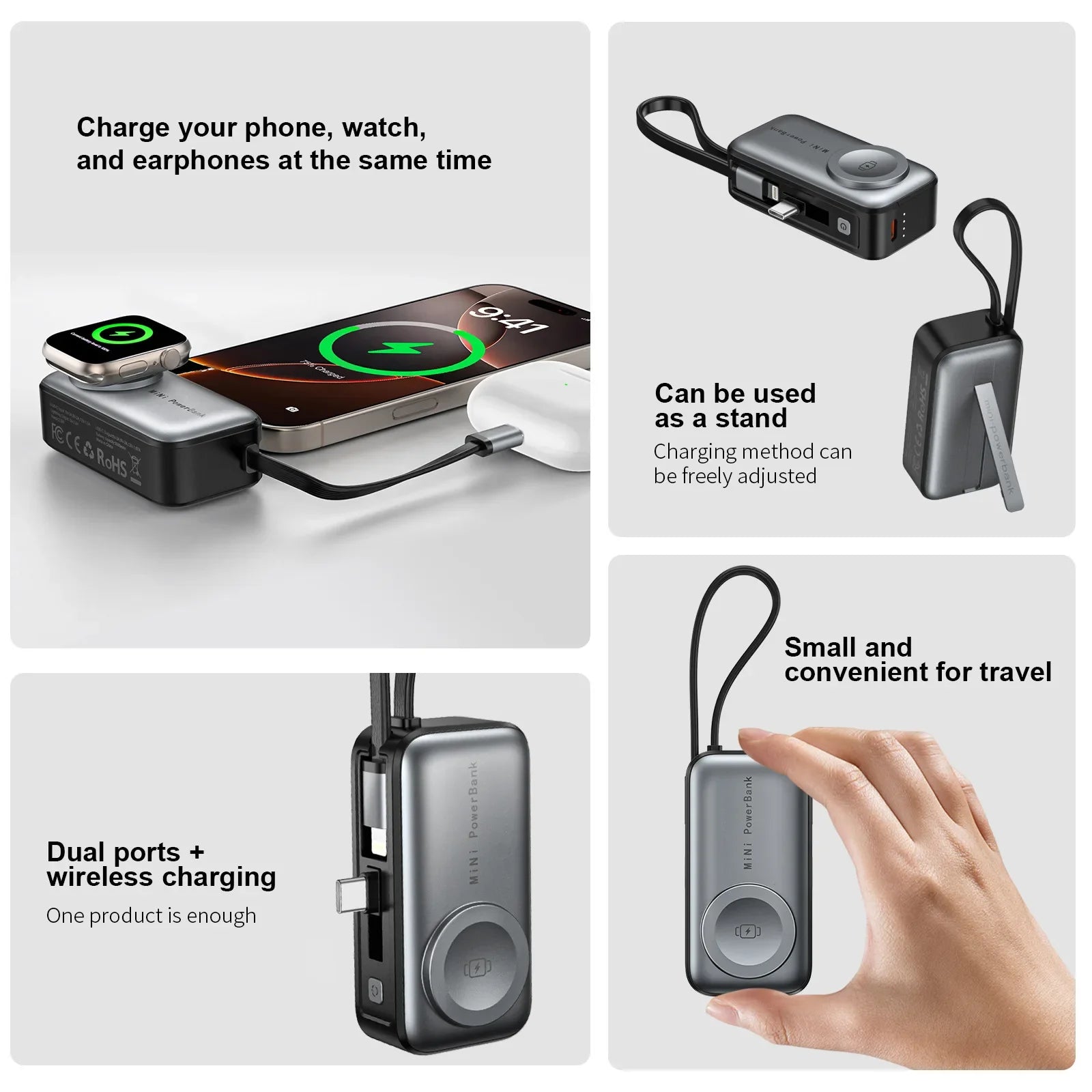 Feature grid: charges phone and earphones, works as a stand, dual ports, pocket size in one hand