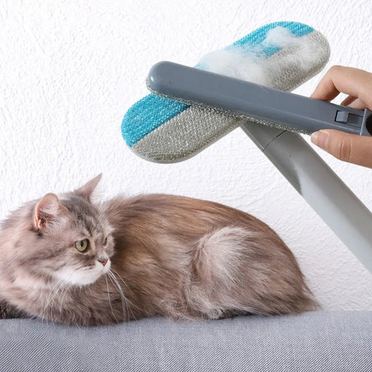Long-handle pet hair brush beside a cat resting on a carpet