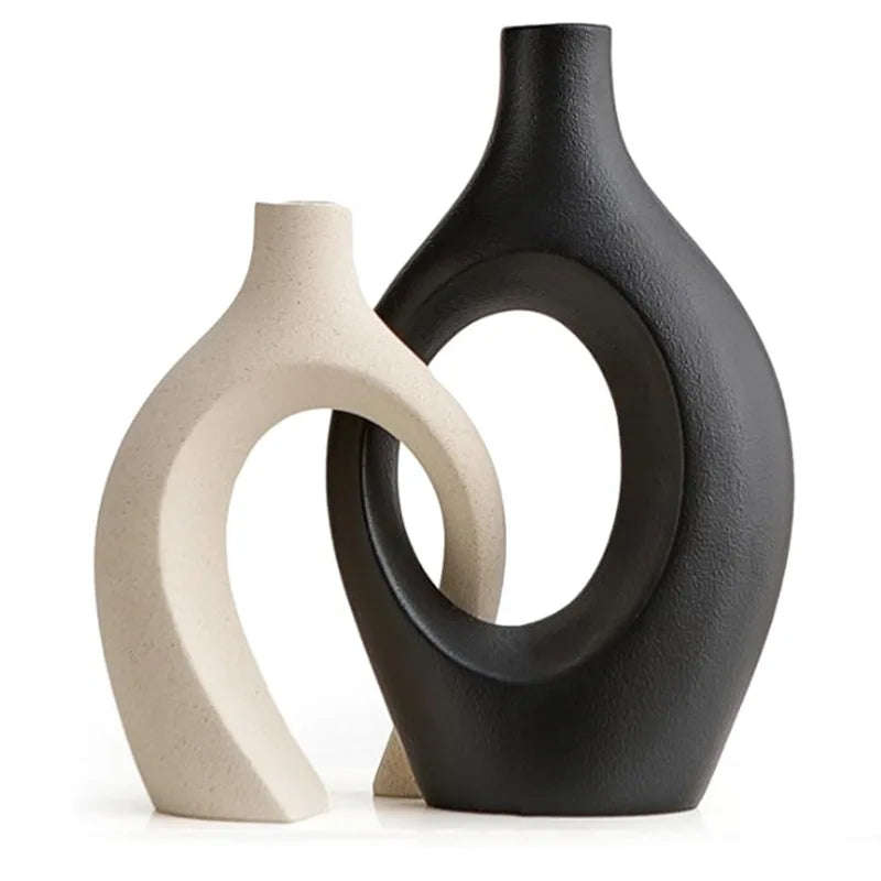 Cream and black interlocking ceramic vase set, two-tone colourway