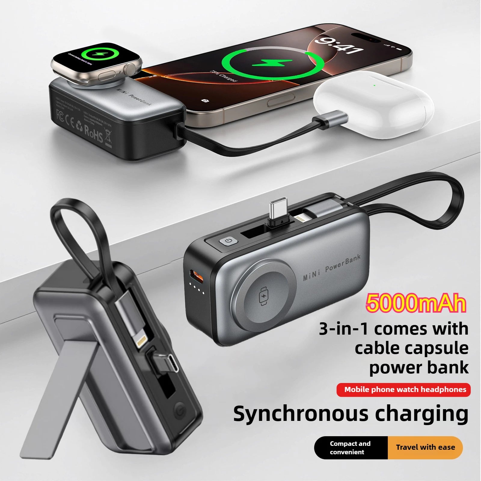 Fold-out kickstand, built-in Lightning cable and USB-C connector on the mini power bank