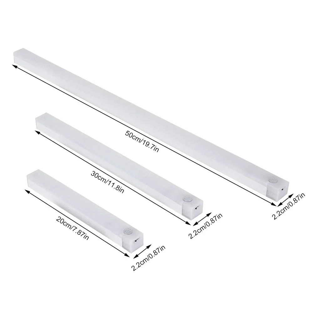 Motion sensor LED light bars shown in three lengths