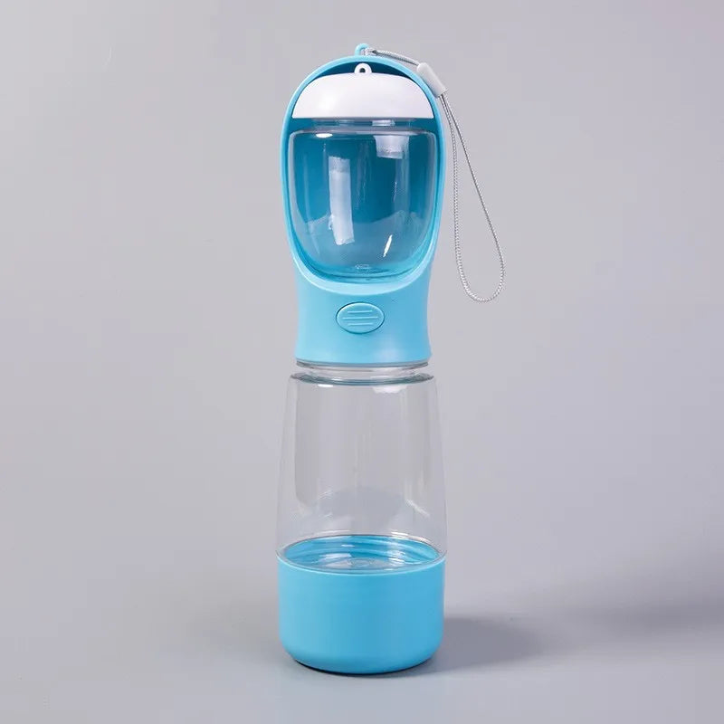 Blue 3-in-1 dog travel water bottle with wrist strap, full front view