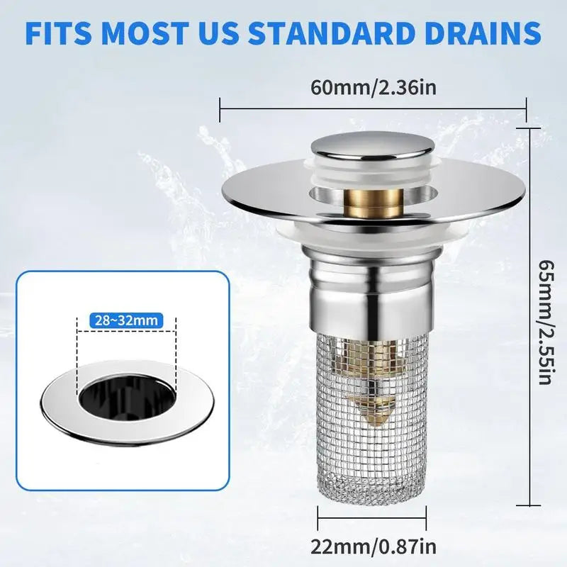 Drain stopper fit guide: 65 mm flange, 22 mm body, fits standard US basins