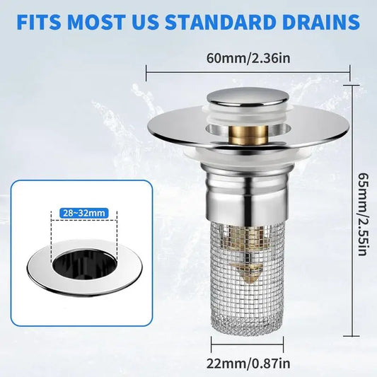 Drain stopper fit guide: 65 mm flange, 22 mm body, fits standard US basins