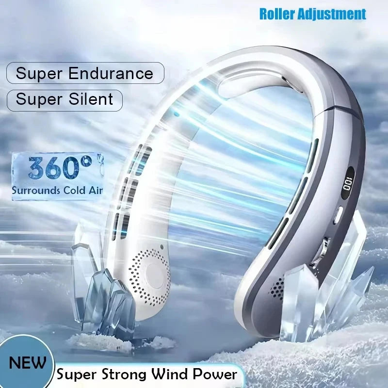 Wearable bladeless neck fan with roller adjustment and 360-degree airflow