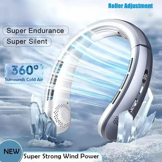Wearable bladeless neck fan with roller adjustment and 360-degree airflow