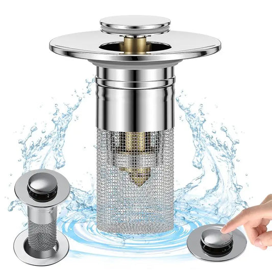 Stainless steel pop-up drain stopper fitted in a white bathroom basin