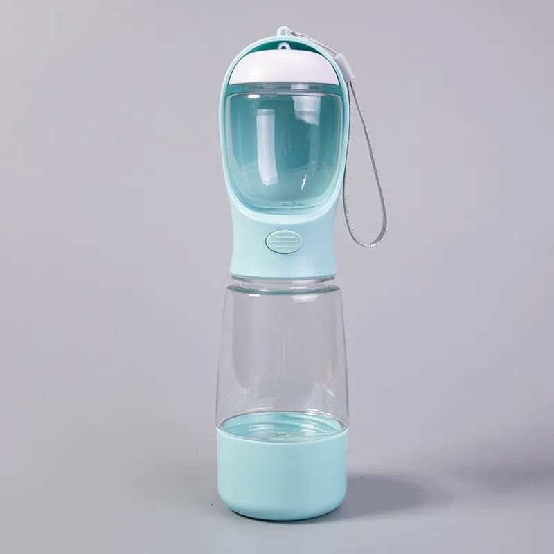 Mint 3-in-1 dog travel water bottle with wrist strap, full front view