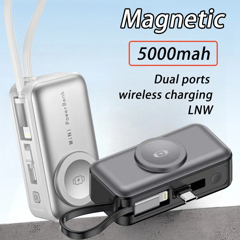 Silver and graphite power banks side by side showing dual ports and wireless charging pad