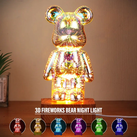 3D Fireworks Night Light — Bear or Heart Glass Lamp with Color-Changing LEDs