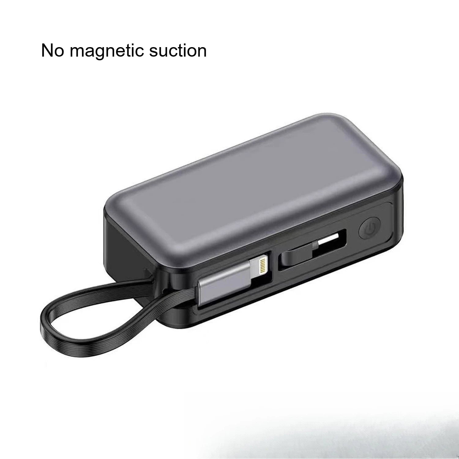 Black no-magnet version of the mini power bank with built-in cable loop and USB ports