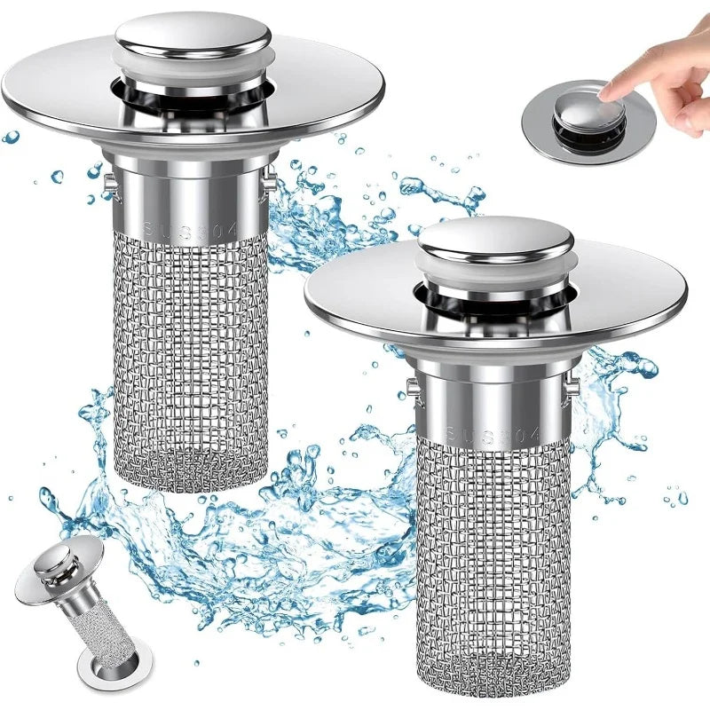 Pop-up drain stopper with removable stainless mesh hair filter basket