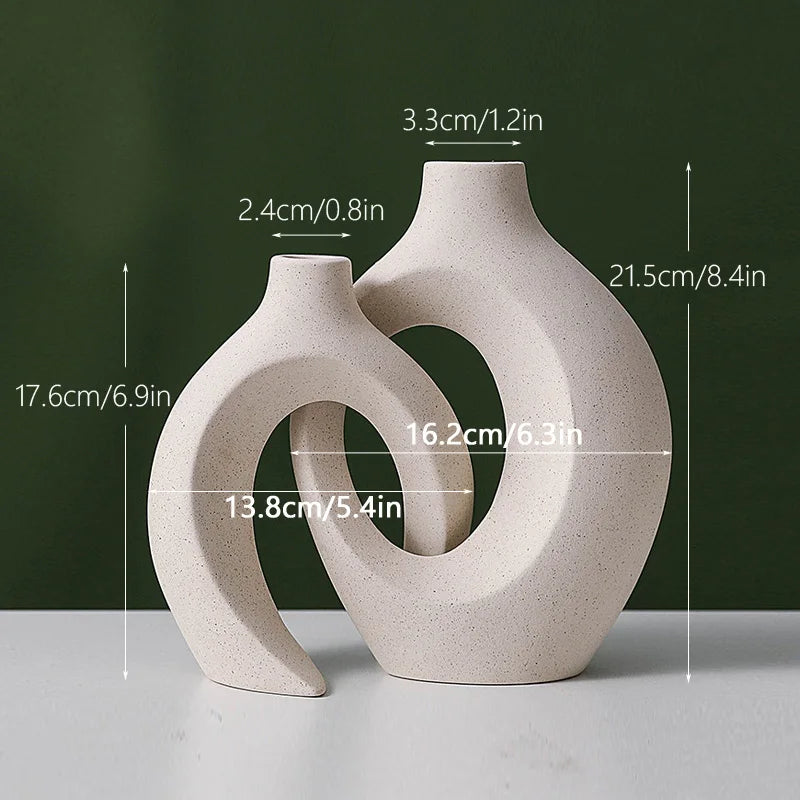 Cream snuggle vase set size guide with height, width and opening measurements