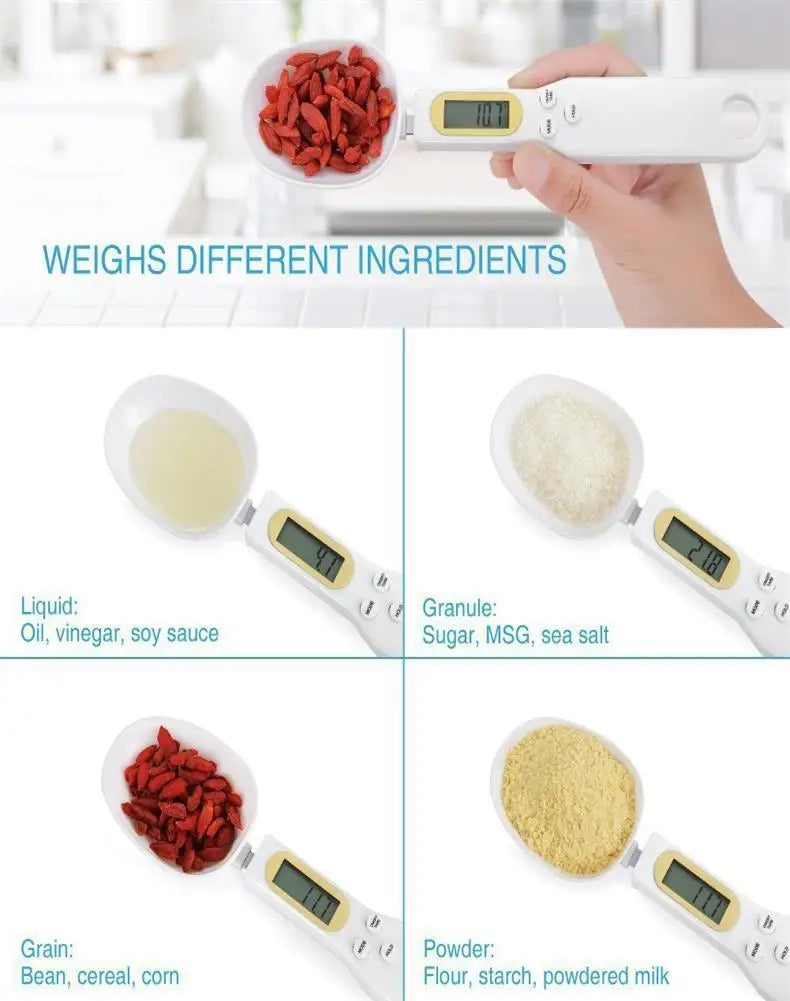 Weighs liquids, granules, grains and powders