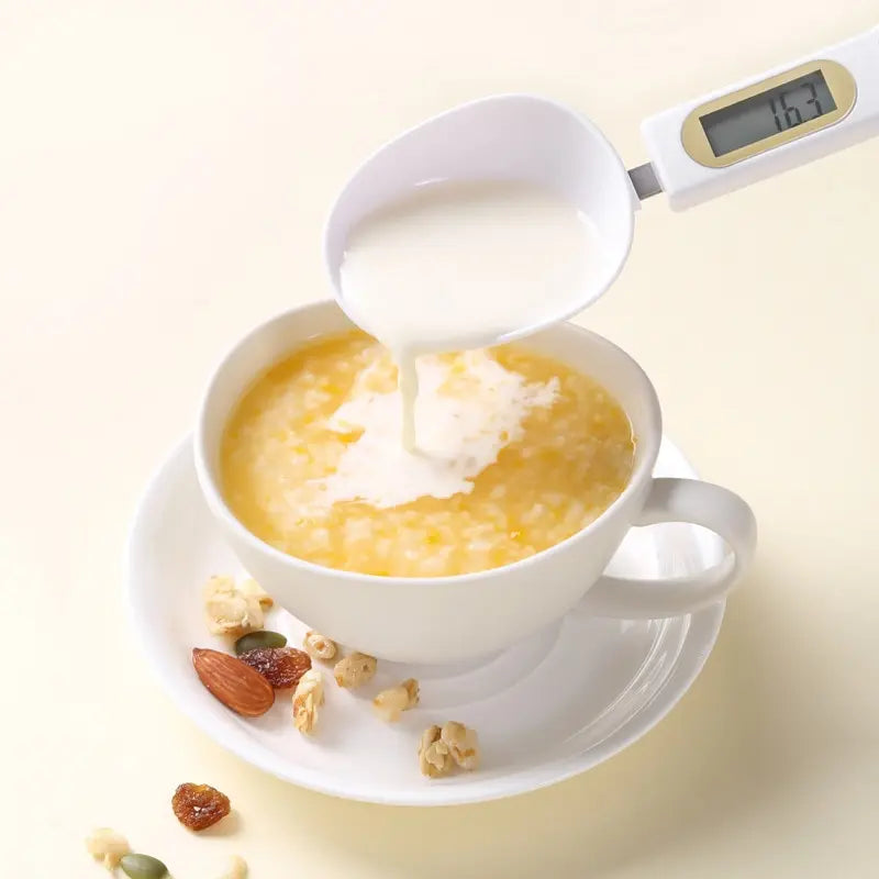 Pouring a weighed spoonful of powder into a bowl