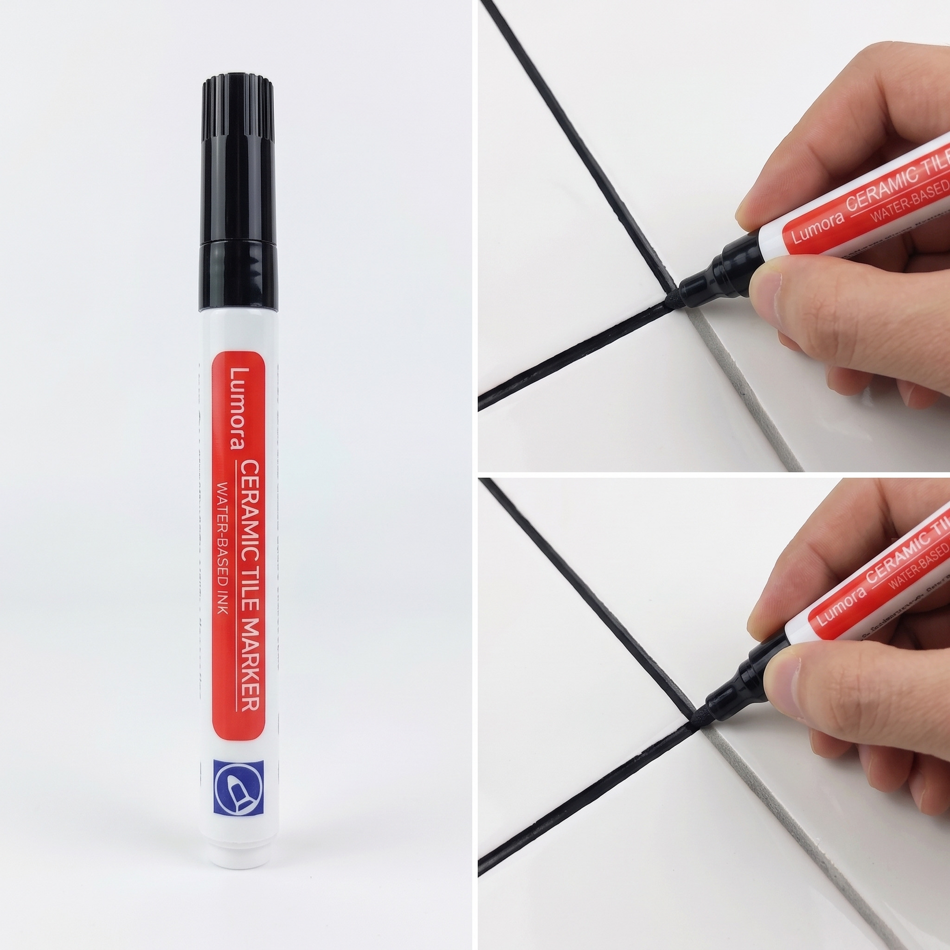 Black grout pen and a freshly drawn black tile seam