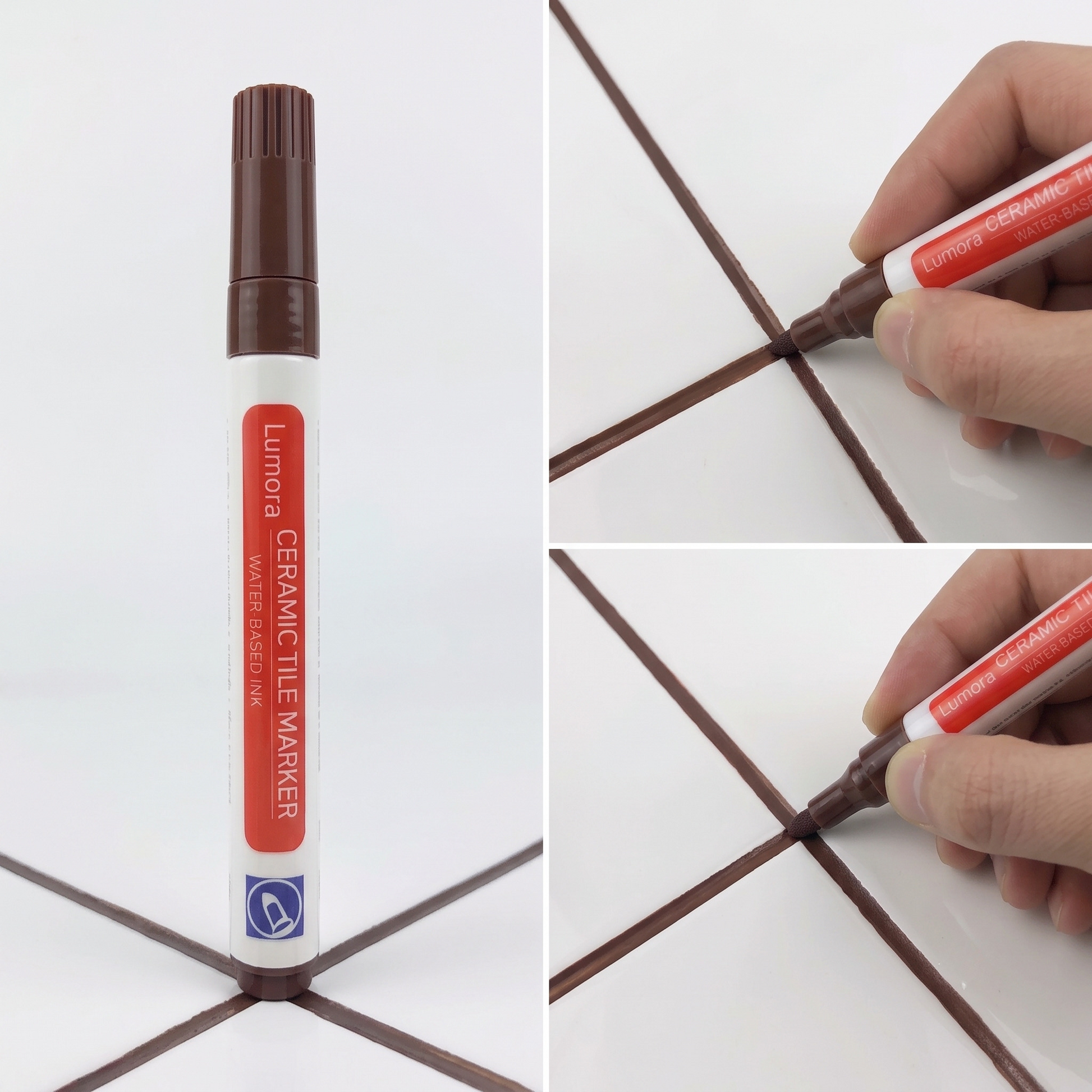 Brown grout pen and a freshly drawn brown tile seam