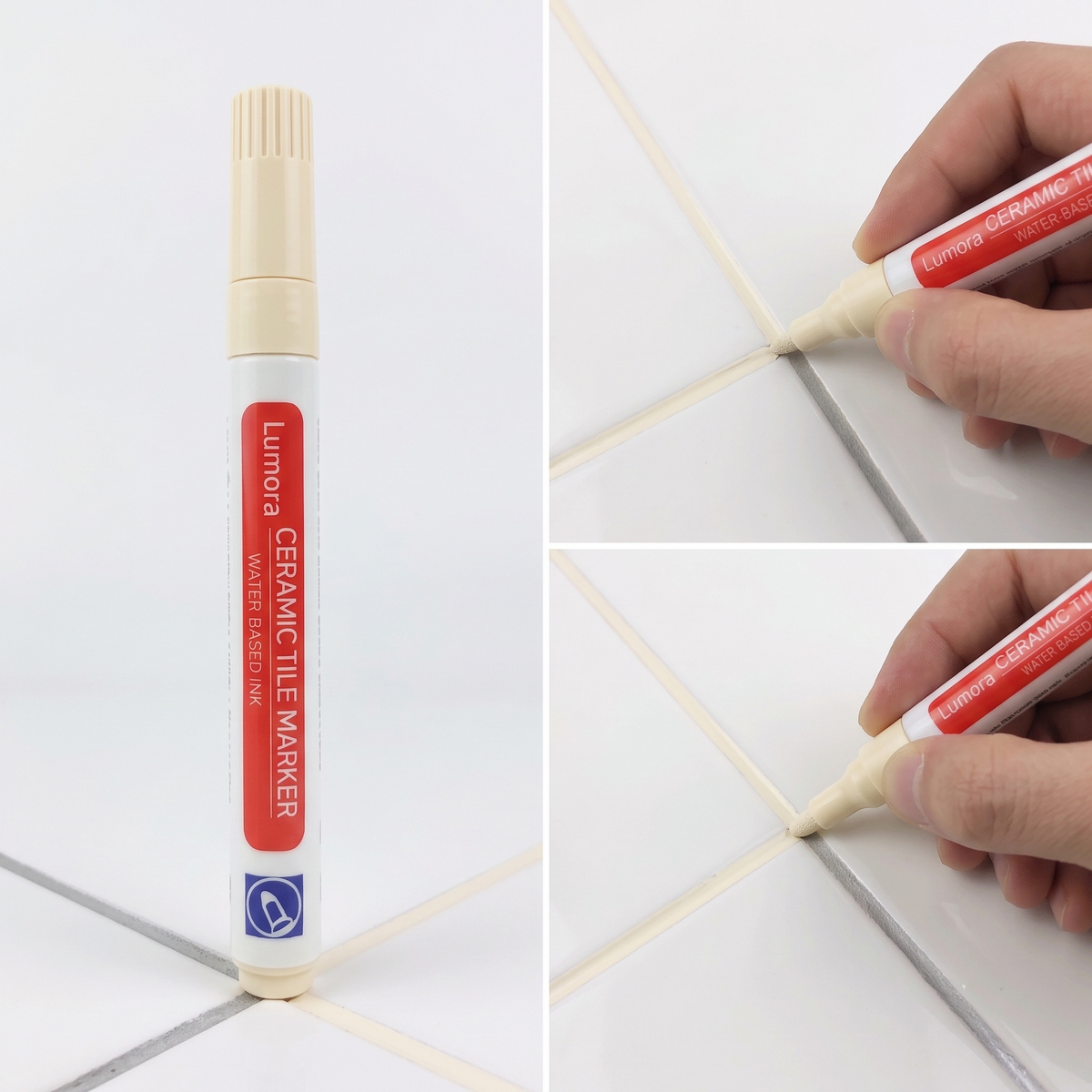Cream grout pen and a freshly drawn cream tile seam