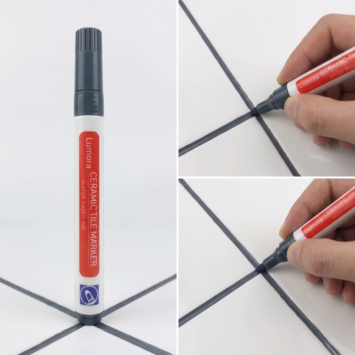 Dark grey grout pen and a freshly drawn dark grey tile seam