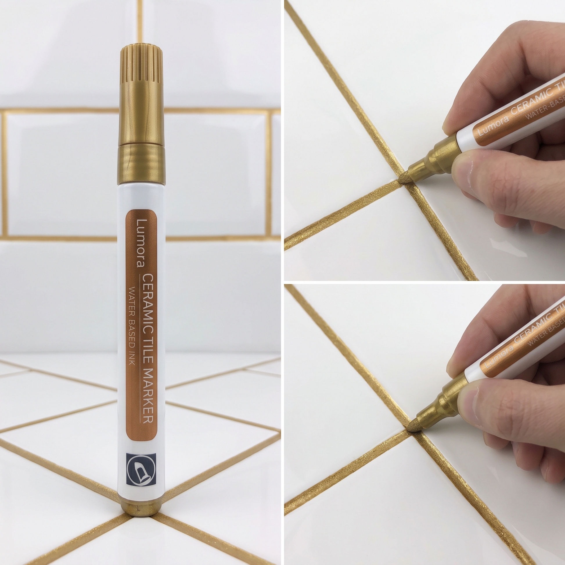 Gold grout pen and a freshly drawn metallic gold tile seam