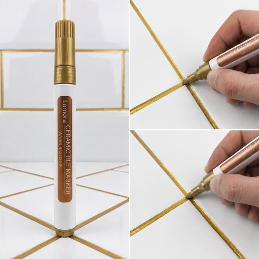 Lumora grout pen set — all ten colours laid out in a row