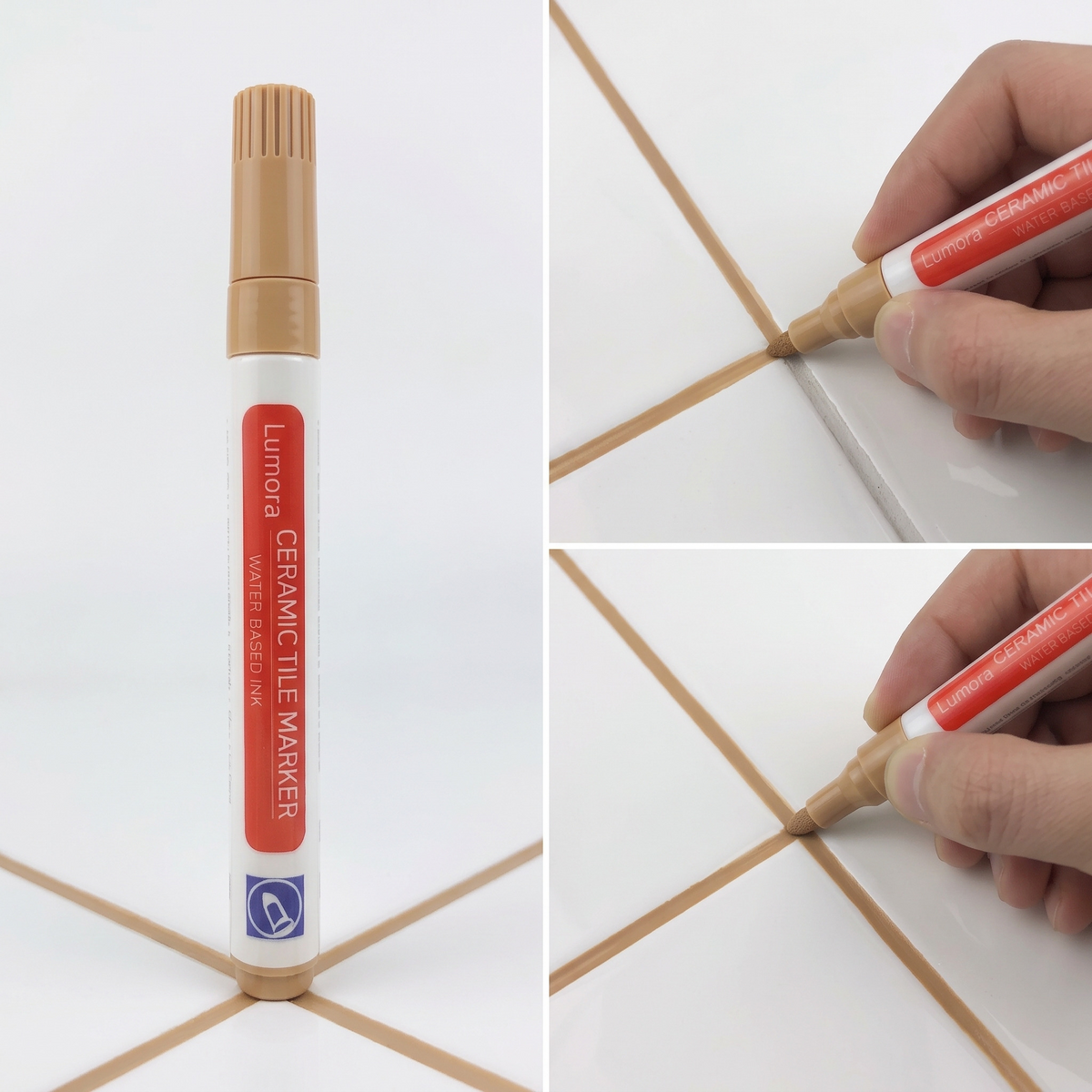 Light brown grout pen and a freshly drawn tan tile seam