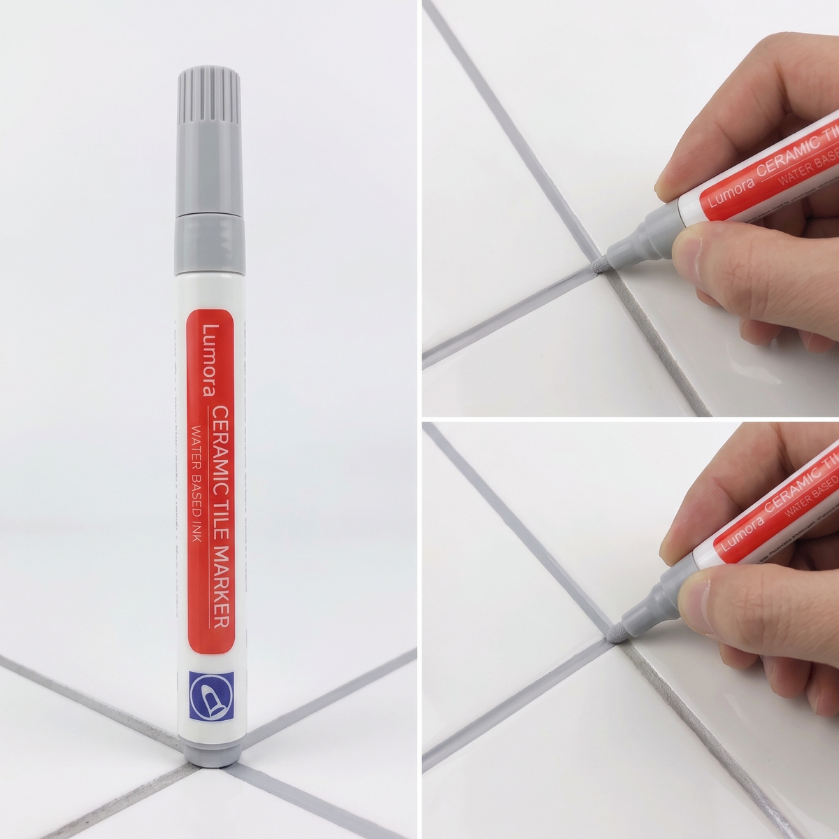 Light grey grout pen and a freshly drawn light grey tile seam