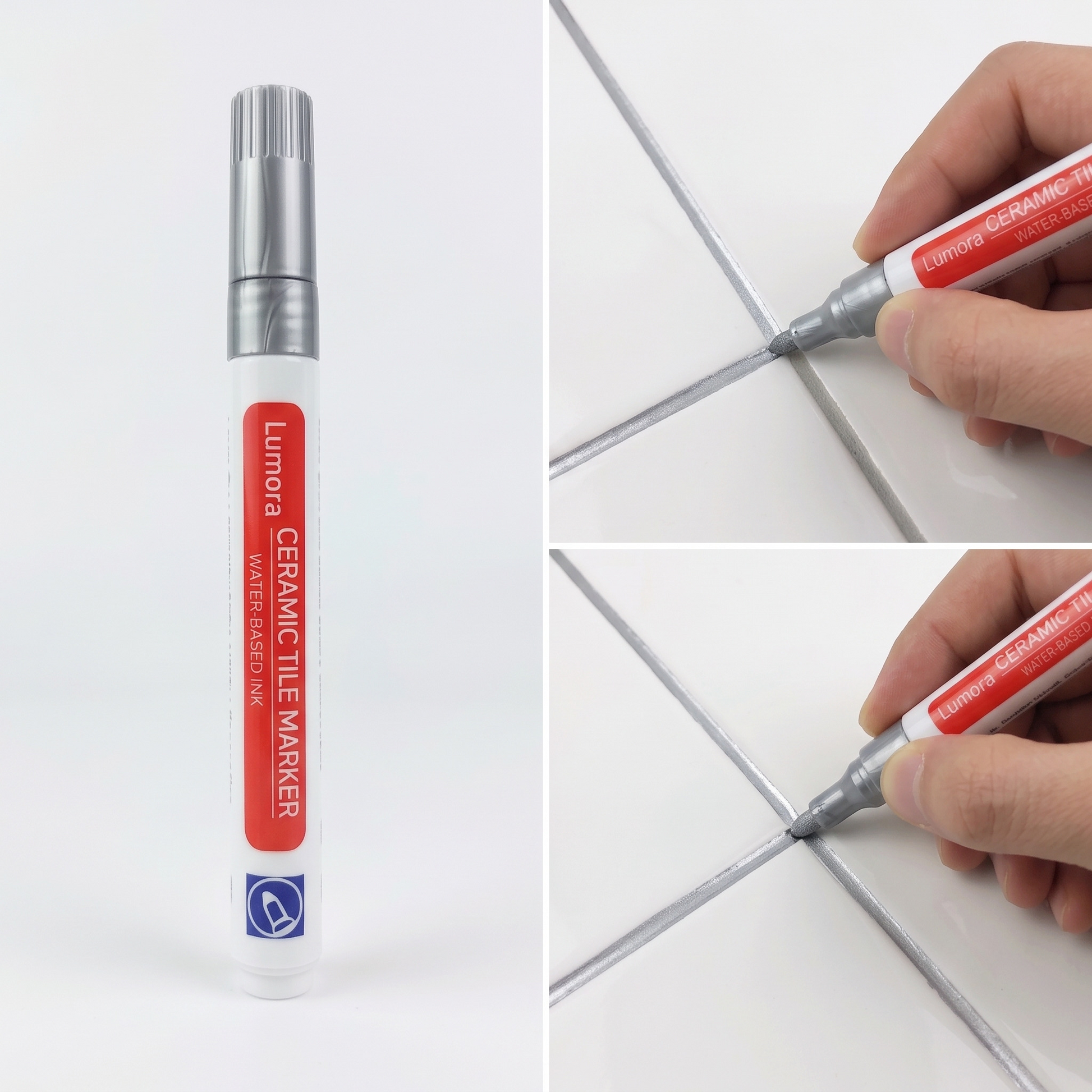 Silver grout pen and a freshly drawn metallic silver tile seam