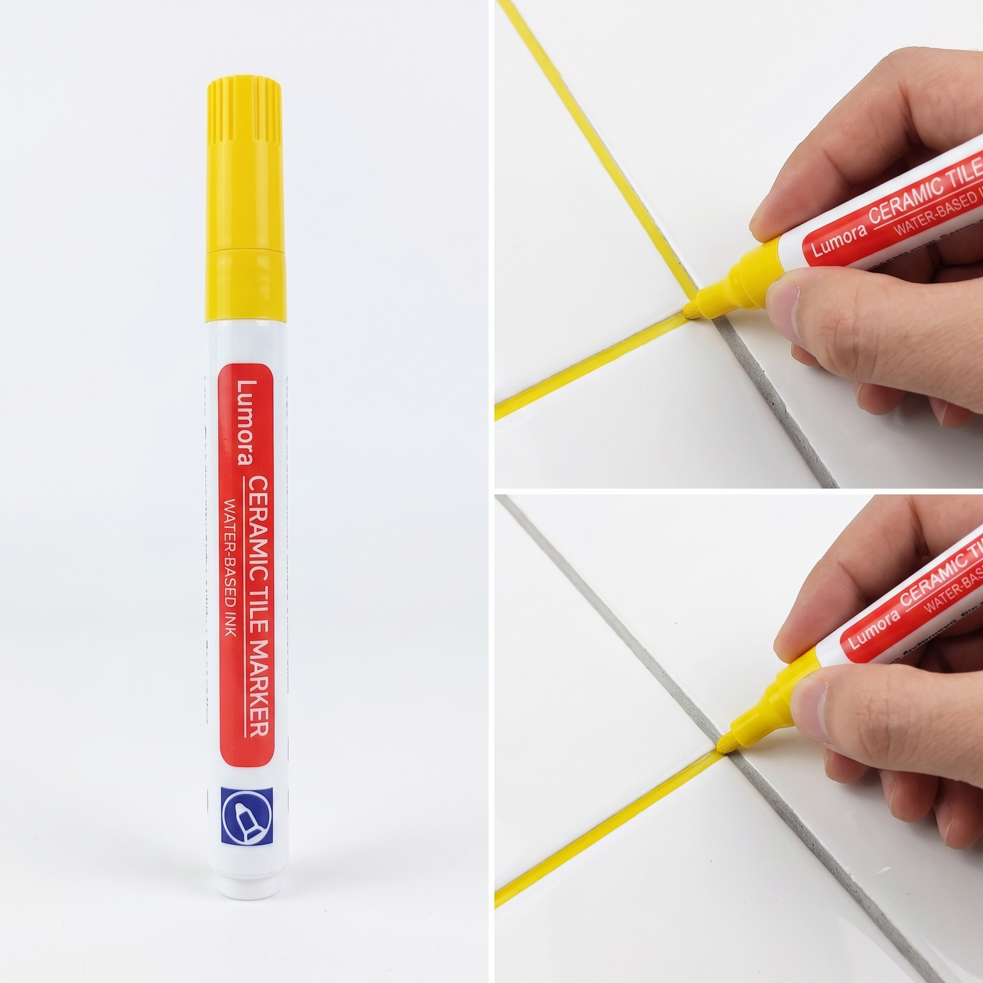 Yellow grout pen and a freshly drawn yellow tile seam
