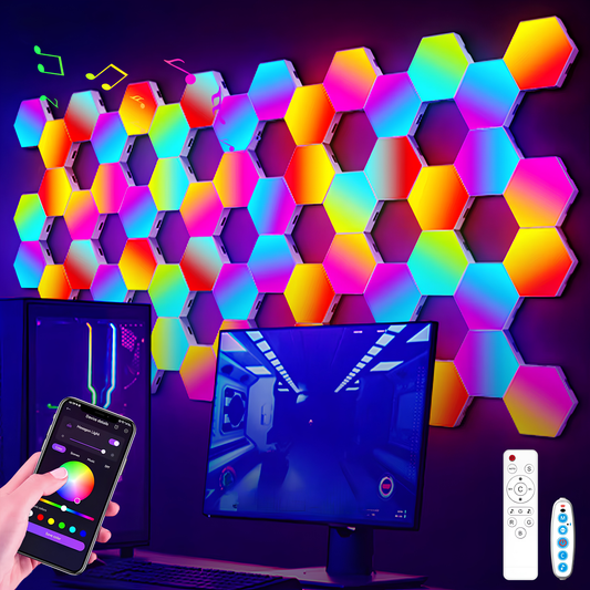 Hexagon wall light panels filling a wall behind a gaming desk, with phone app and remote control
