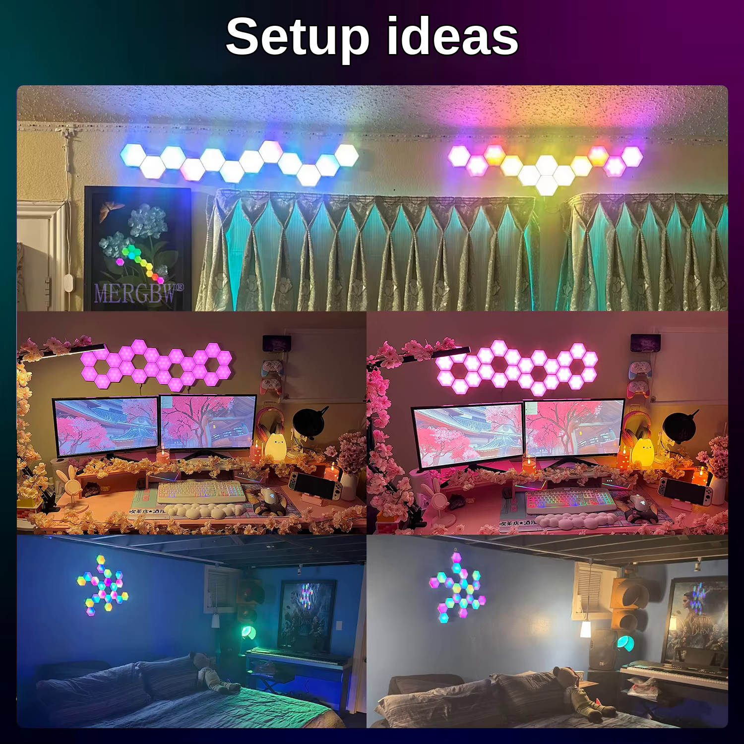 Setup ideas showing hexagon light panels above monitors, beds and in living rooms