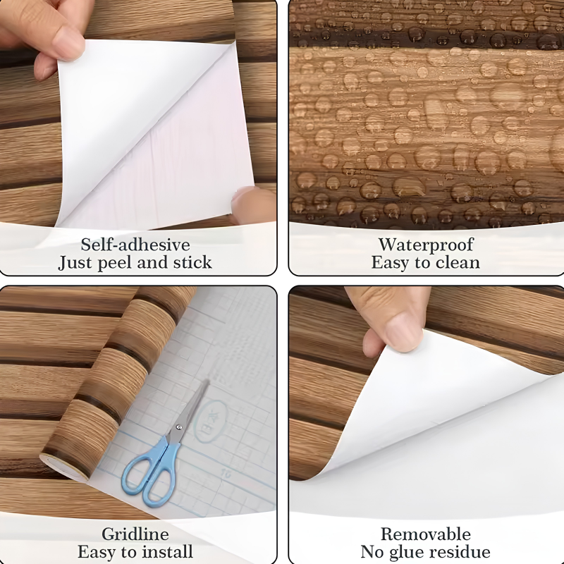Peeling the backing from wood slat contact paper, water beading on the surface, cutting grid on the reverse, and the film lifting away cleanly