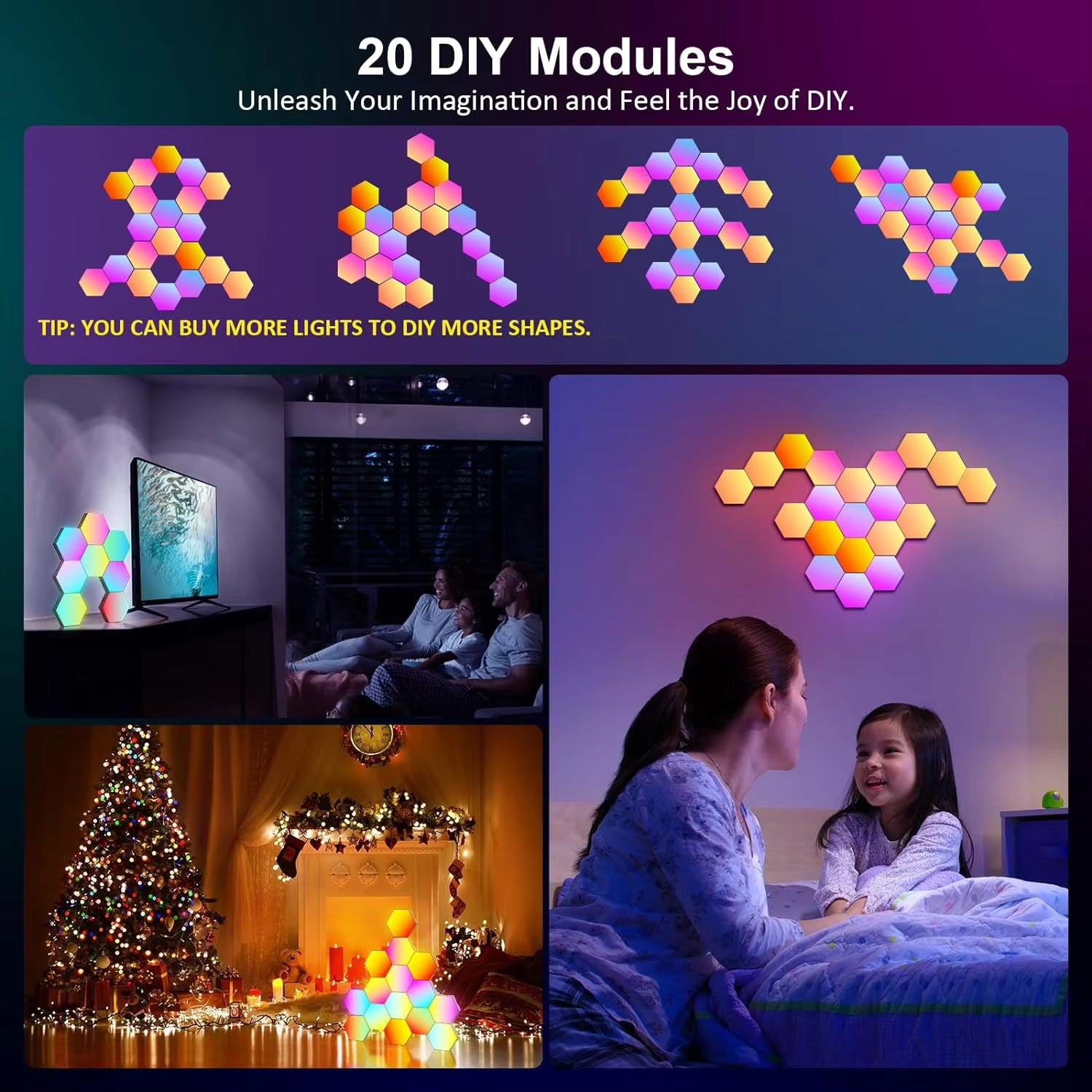 Layout ideas for hexagon light panels in a living room, bedroom, at Christmas and above a TV